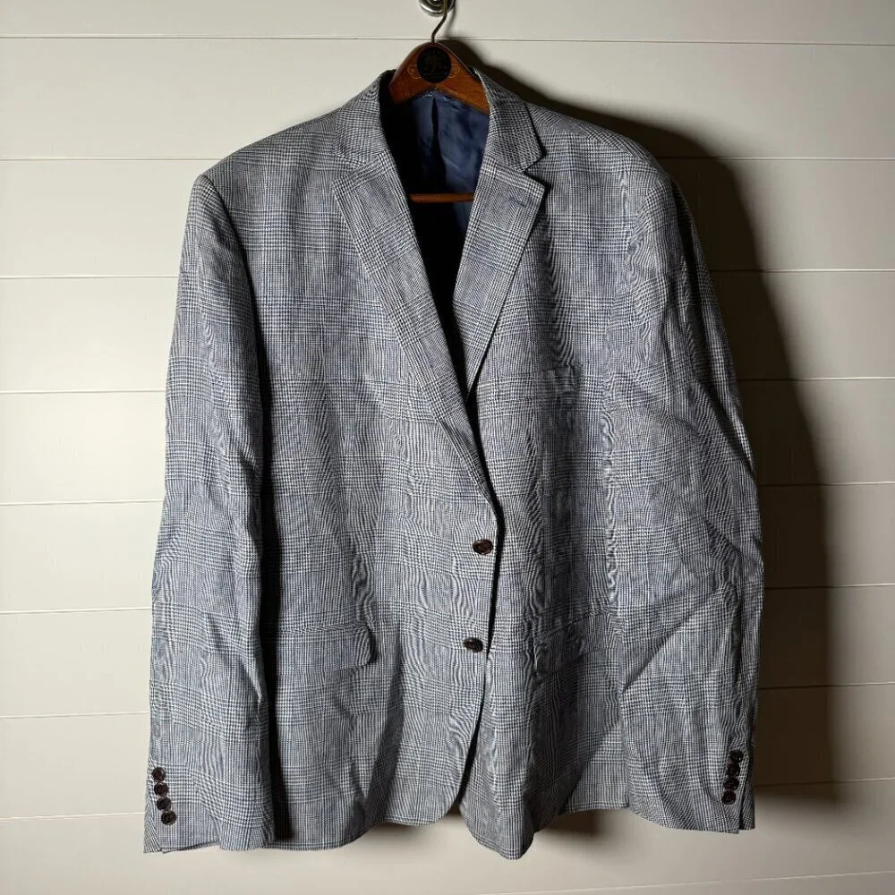 Lauren Ralph Lauren Men's Blue White Plaid 100% Linen Blazer Sz 52R